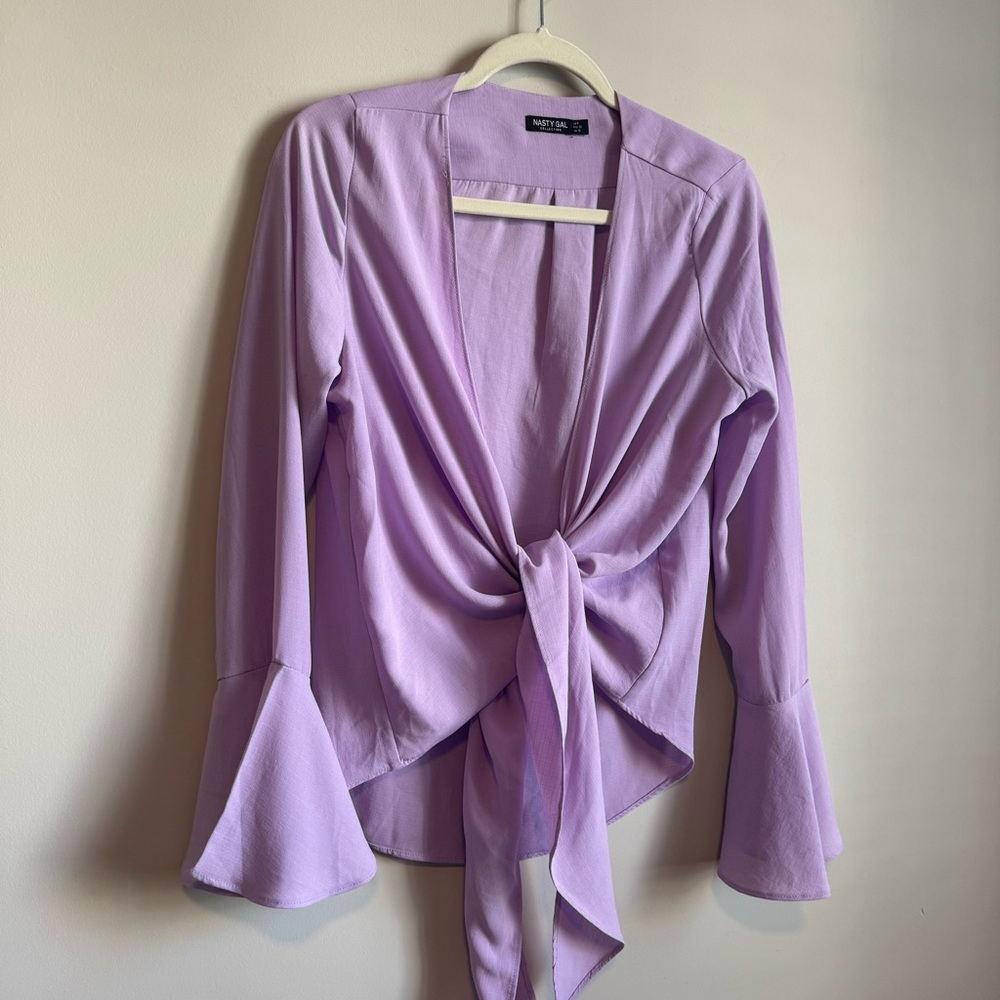 Nasty Gal Purple Bell Sleeve Wrap Top - Size 6 - Picture 2 of 6
